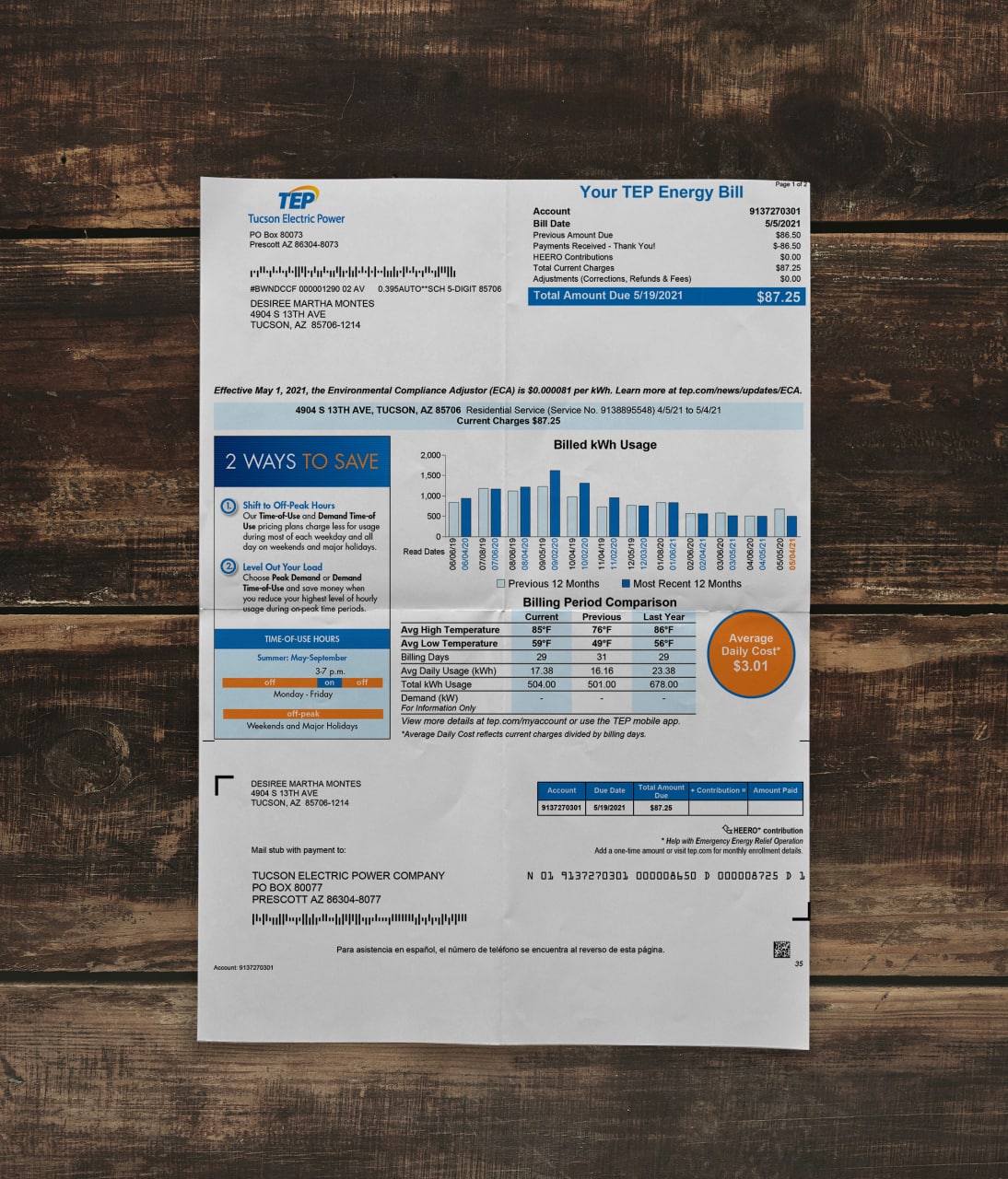 Utility bill | TEP | USA | AZ-1