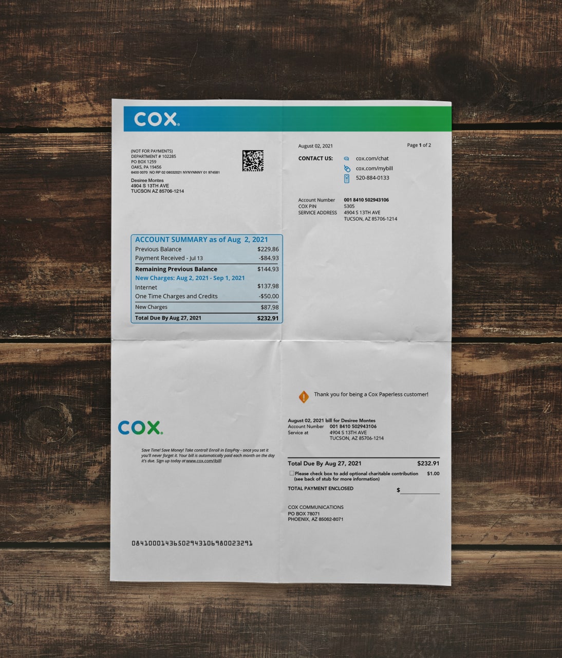 Utility bill | COX | USA | AR-1