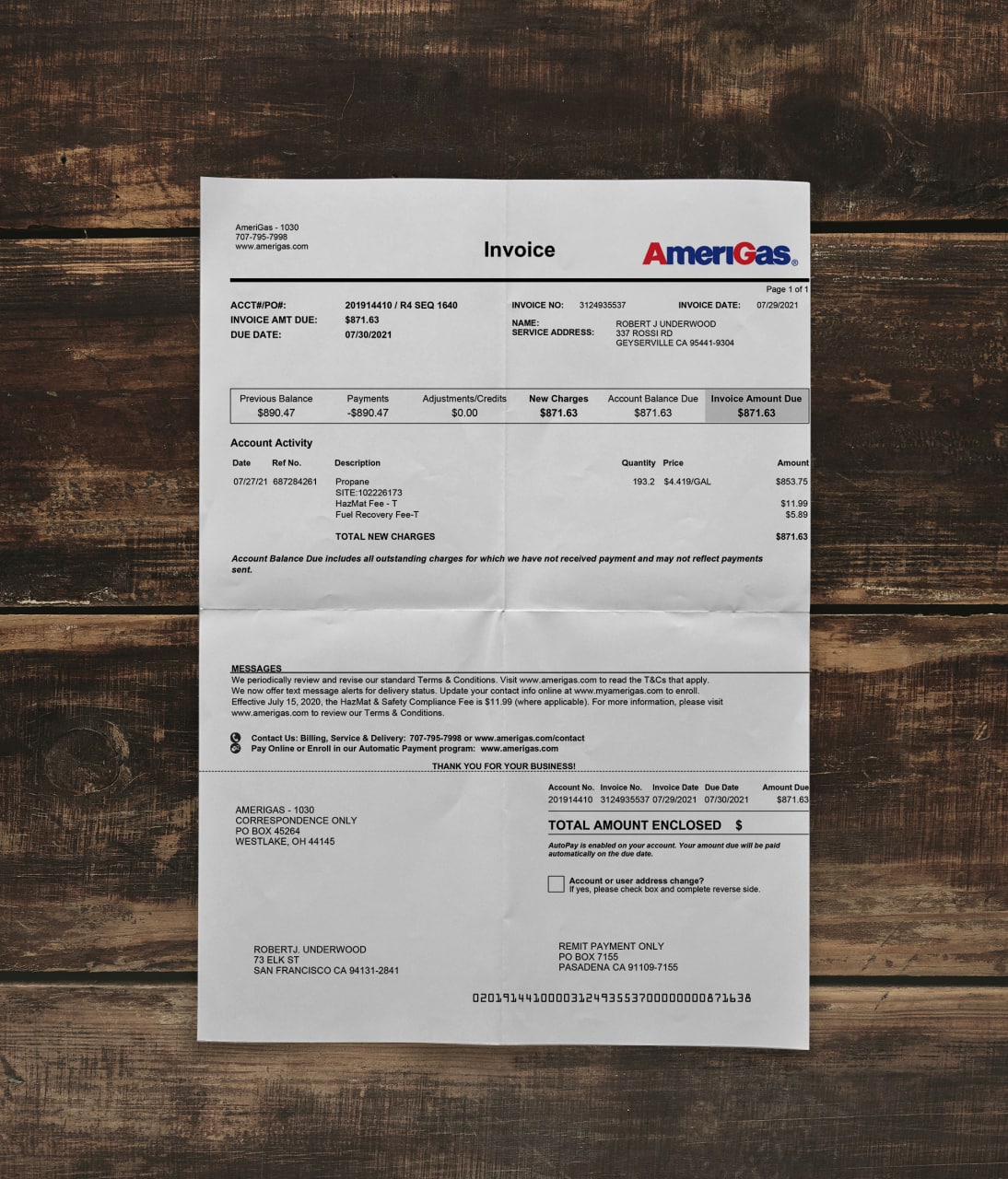 Utility bill | AmeriGas | USA | CA-1