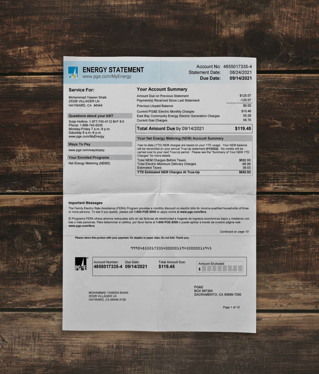 Utility bill | PGE | USA | CA-1