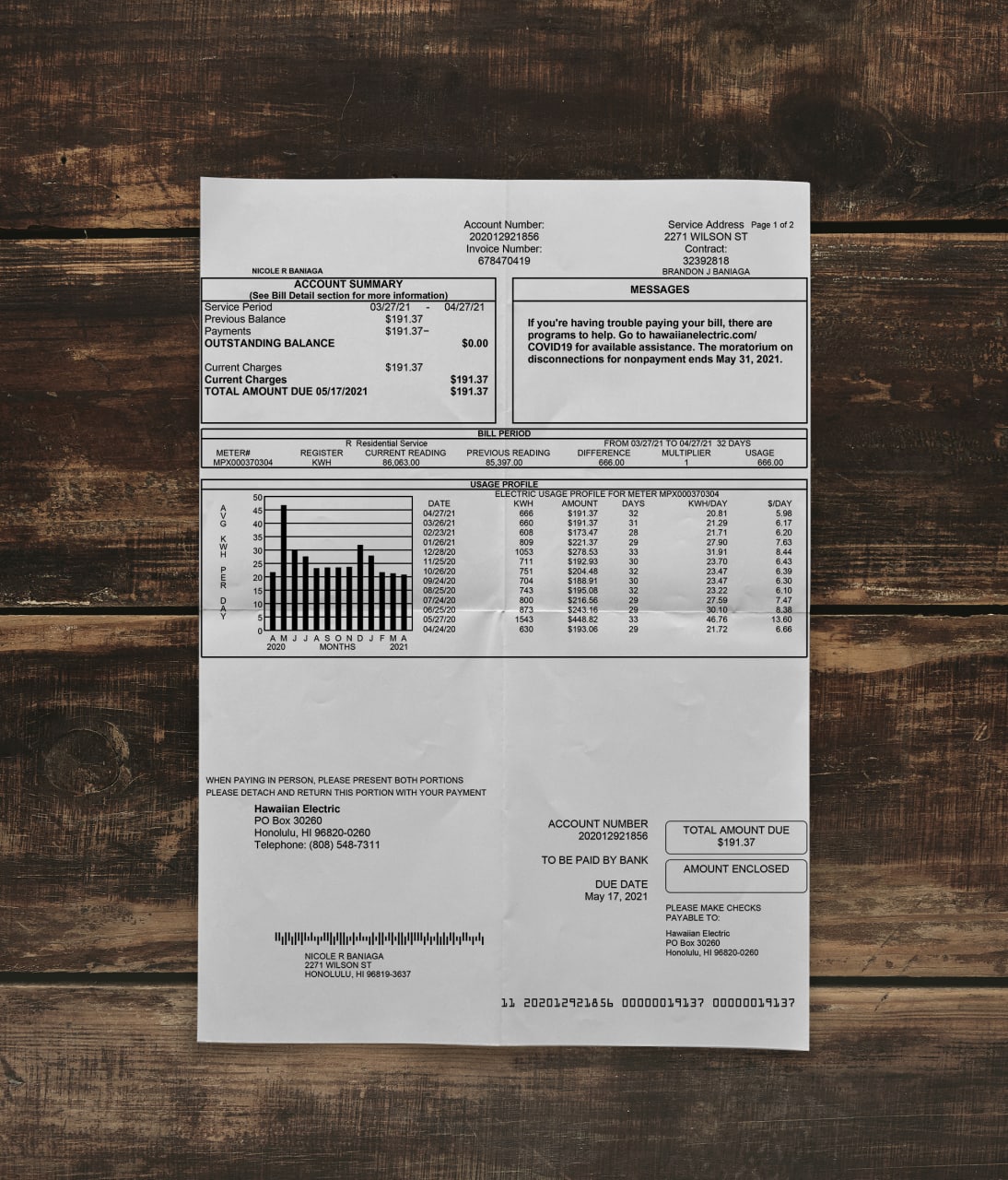 Utility bill |  Hawaii an Electric | USA | HI-1