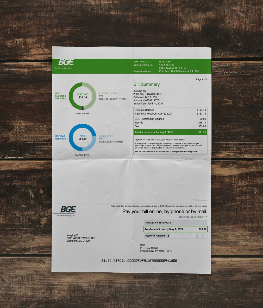 Utility bill | BGE | USA | MD-1