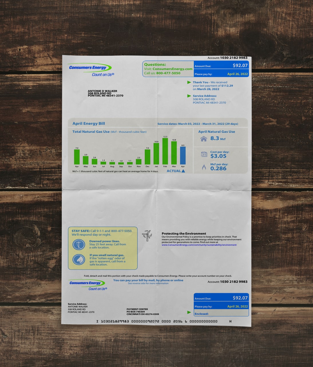 Utility bill | Consumers Energy | USA | MI-1